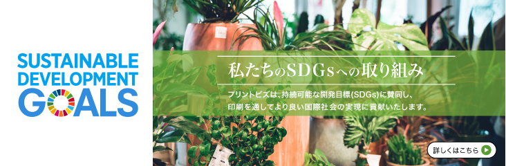 SUSTAINABLE DEVELOPMENT GOALS｜私たちのSDGsへの取り組み｜プリントビズは、持続可能な開発目標(SDGs)に賛同し、印刷を通してより良い国際社会の実現に貢献いたします。｜詳しくはこちら